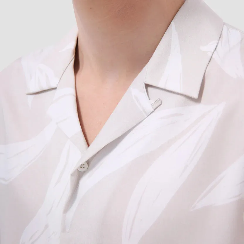 Bugatchi Jackson Leaf Print Short Sleeve Camp Shirt - Almond Casual Fit AntiStaticMaterial