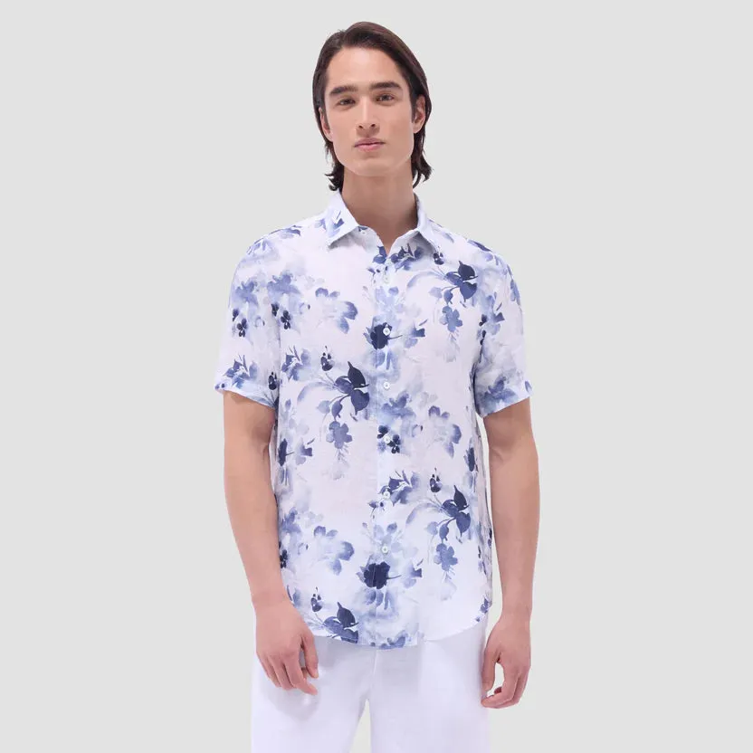Sun Beam Utility Mode Bugatchi Orson floral Linen Short Sleeve Shirt - Steel