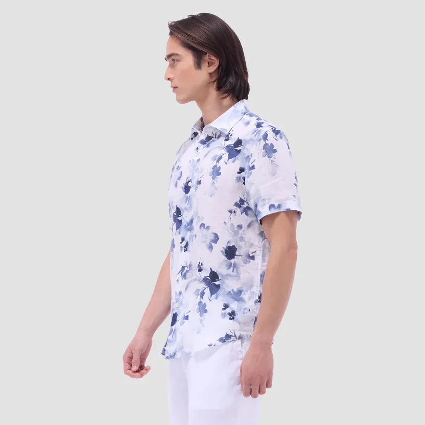 Bugatchi Orson floral Linen Short Sleeve Shirt - Steel Story Glow mesh ventilation