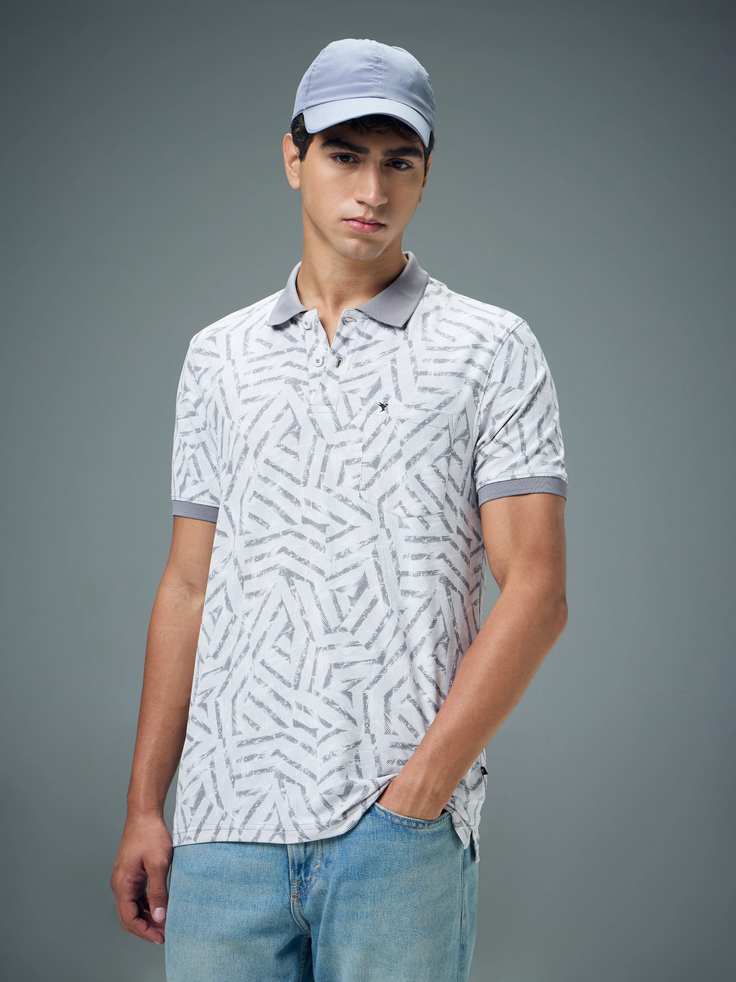 LightweightWeave Men Printed Slim Fit Polo Sports T-shirt with MATPIQ