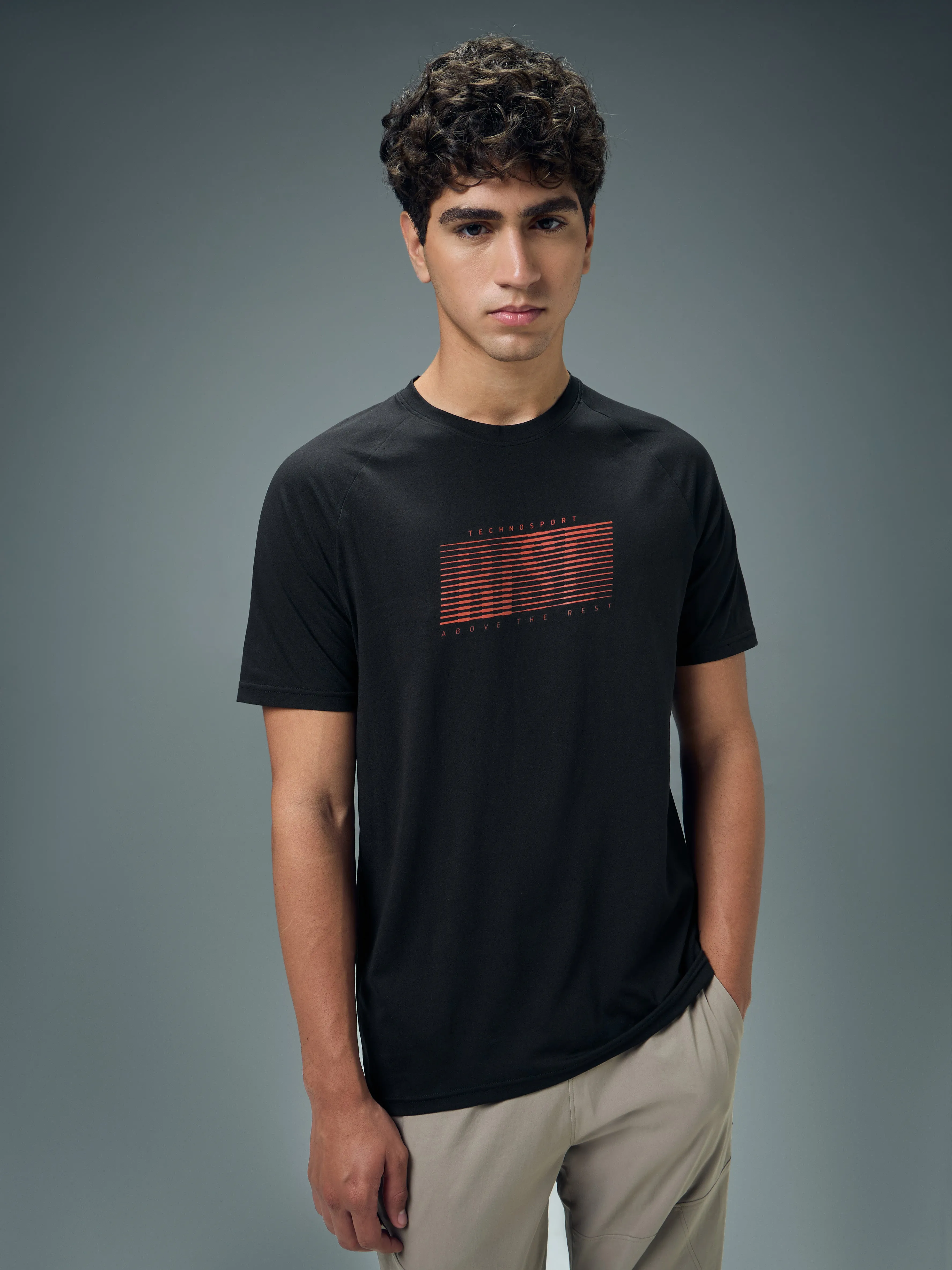 Men Typography Printed Slim Fit Round Neck Sports T-shirt with COTFLEX Polish Core