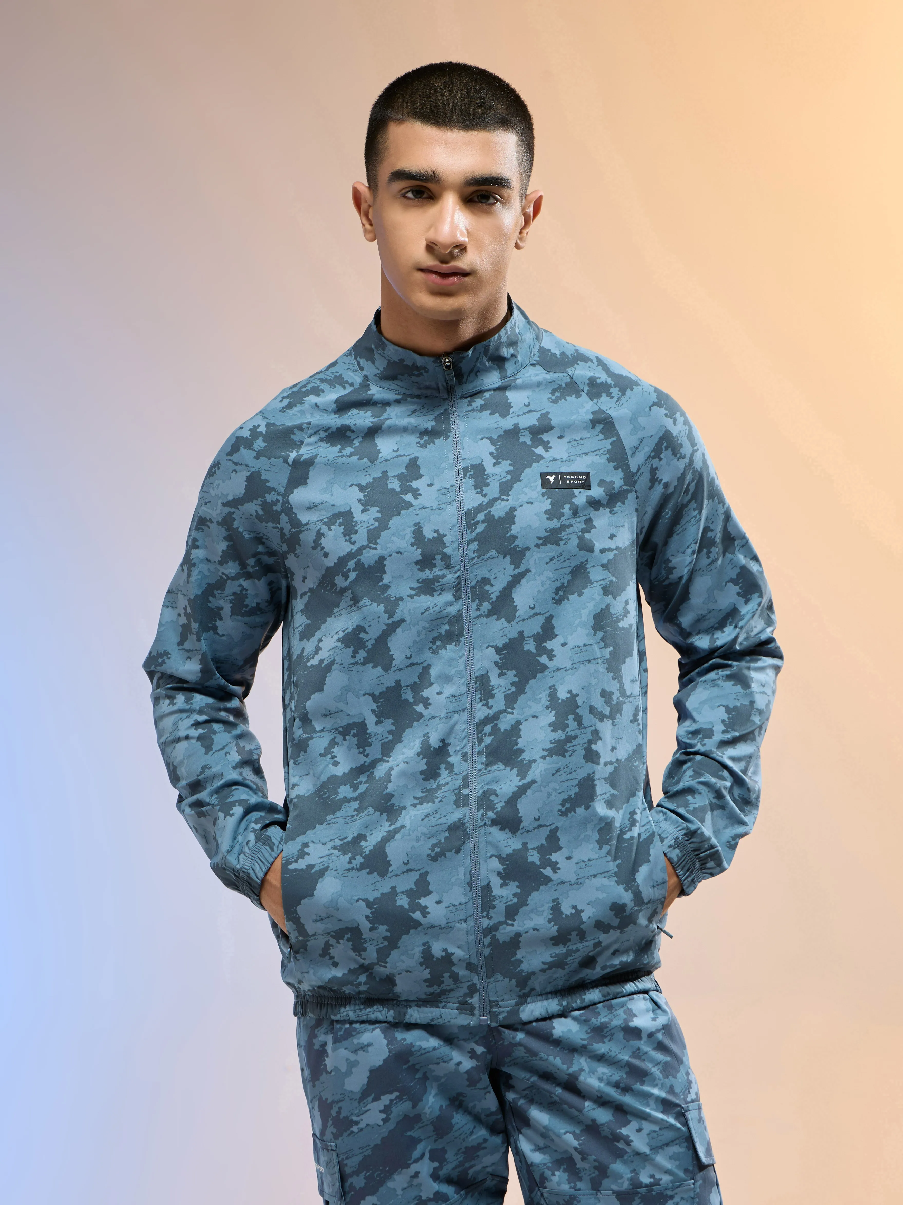 AntiPillFinish Country Core Men Printed Slim Fit Mock Neck Jacket with TS FLEXI