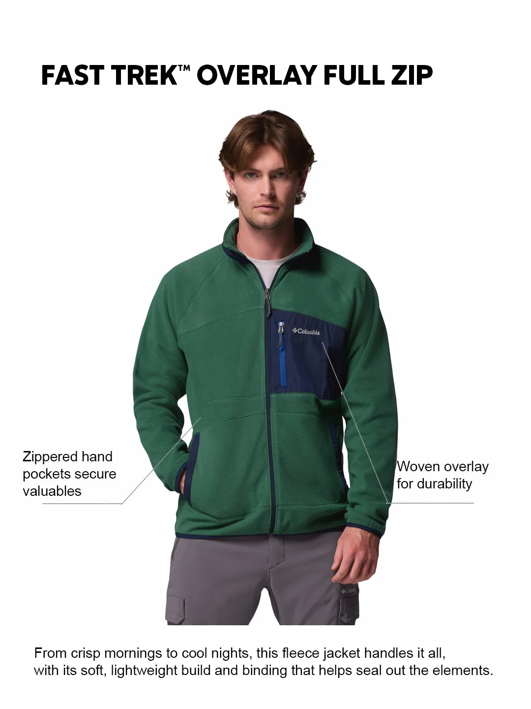 Columbia Men Green Fast Trek Overlay Fleece Jacket School Day Sport Look