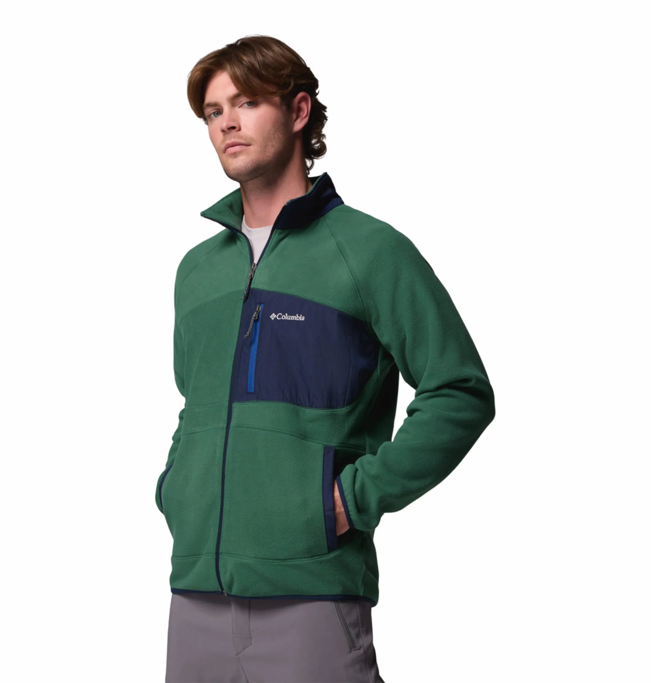 Warm Base Columbia Men Green Fast Trek Overlay Fleece Jacket