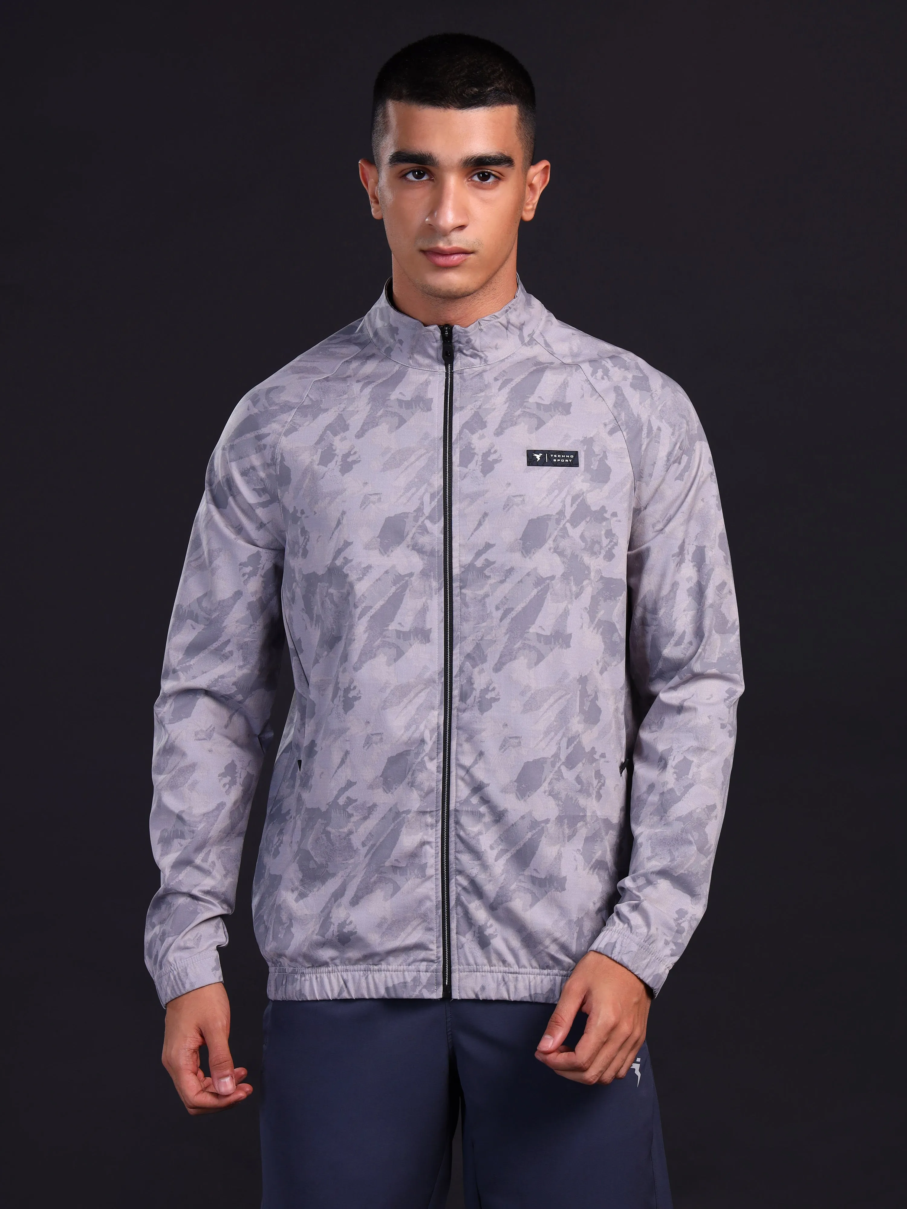 Wind Block Vintage Soul Men Printed Slim Fit Mock Neck Jacket with TS FLEXI