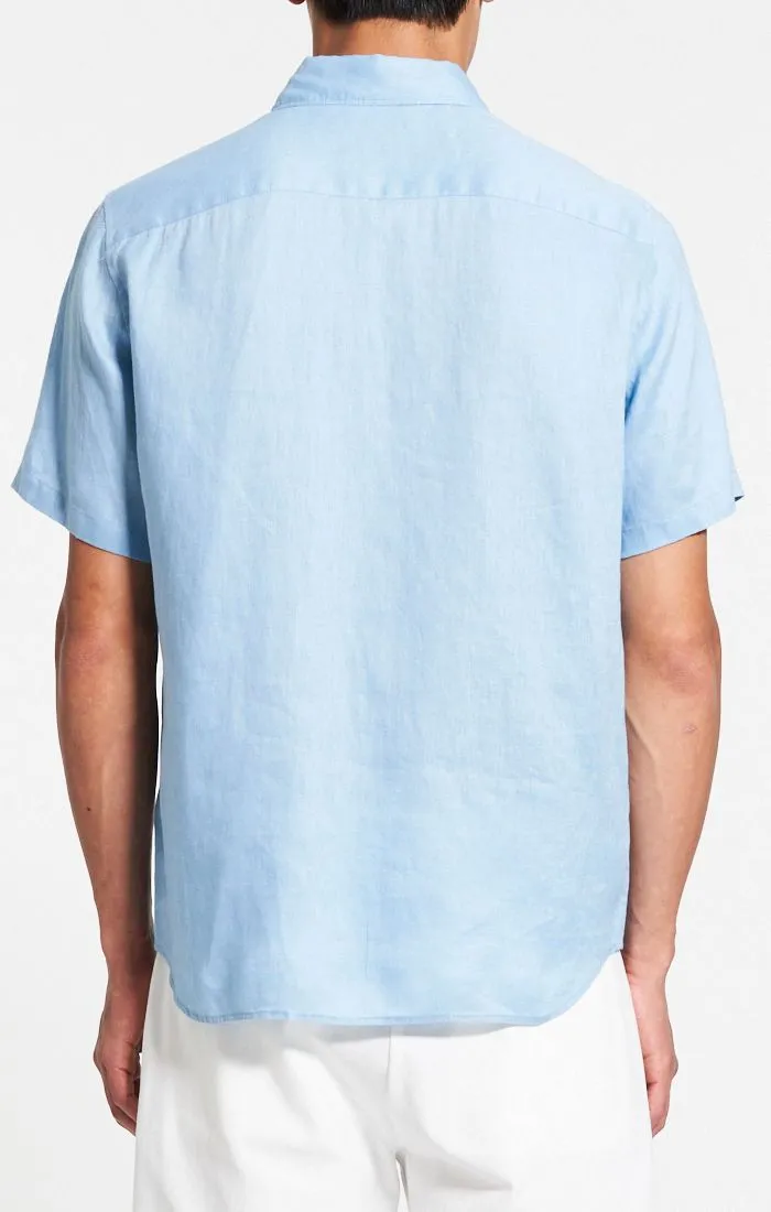 Rich Tone Outdoor Pants Theory Irving Short Sleeve Shirt in Relaxed Linen- Powder Blue