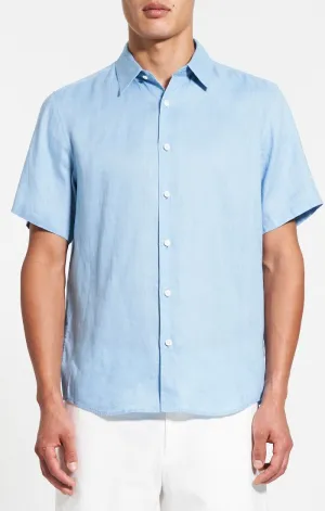 Theory Irving Short Sleeve Shirt in Relaxed Linen- Powder Blue Smart Look