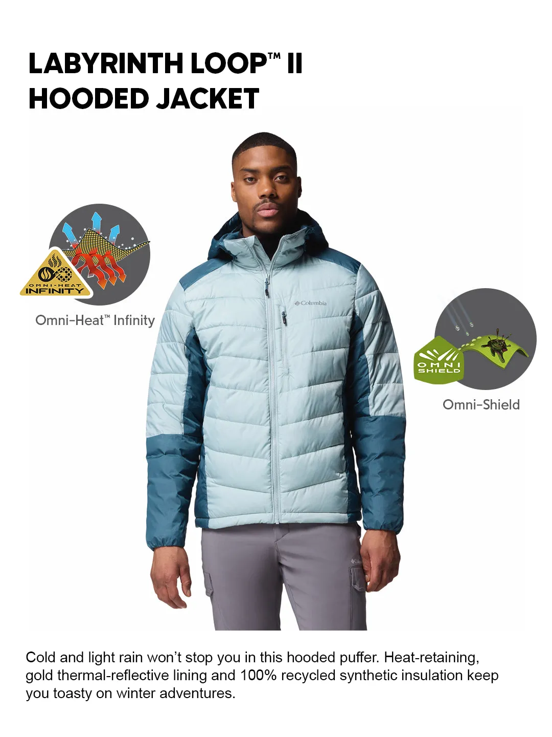 Light Reflective Insulated Fit Columbia Men Blue OmniHeat Infinity Labyrinth Loop II Down Jacket