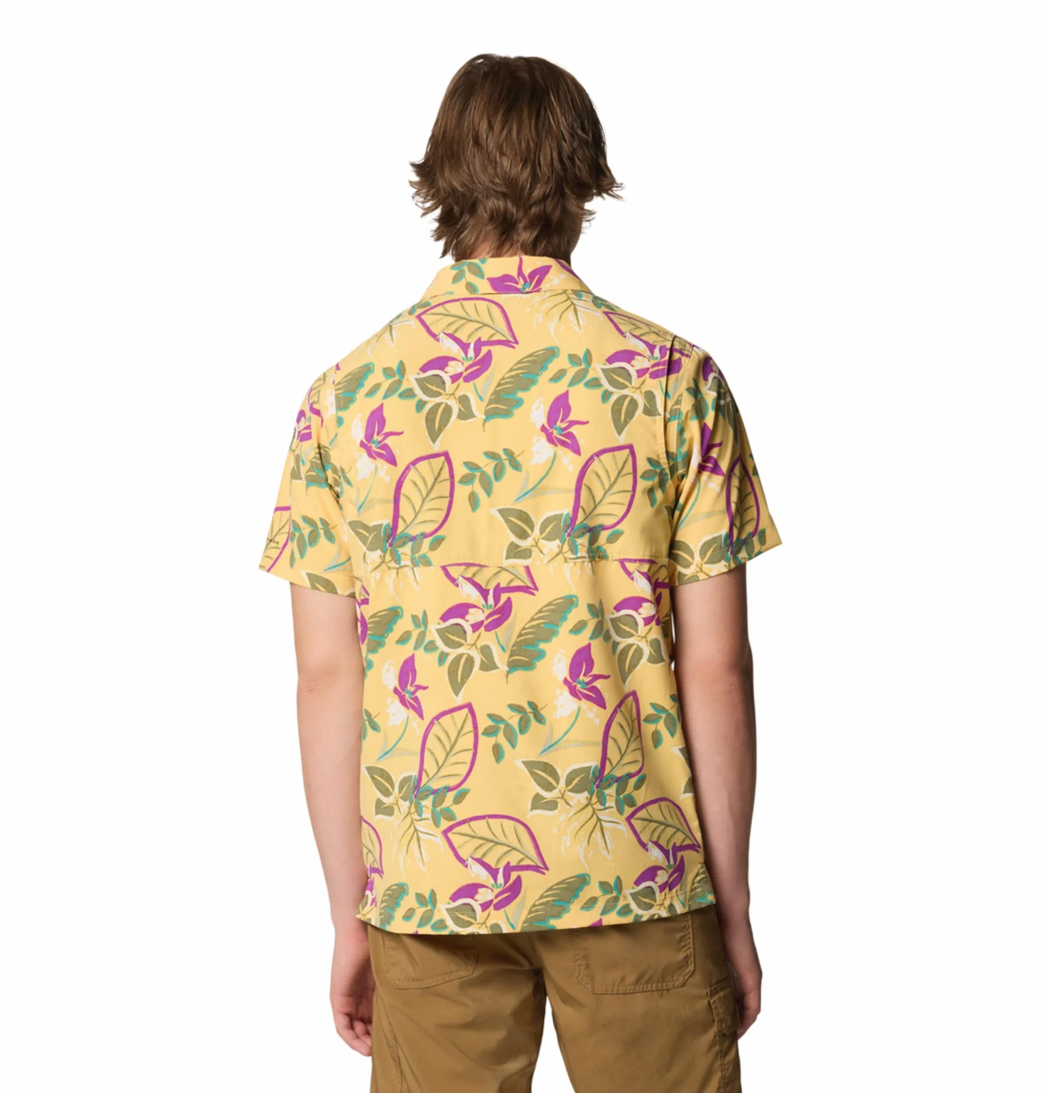 Layered Hem Details Columbia Men Yellow Tech Trail Utility Printed Woven SS (Sun Protection)