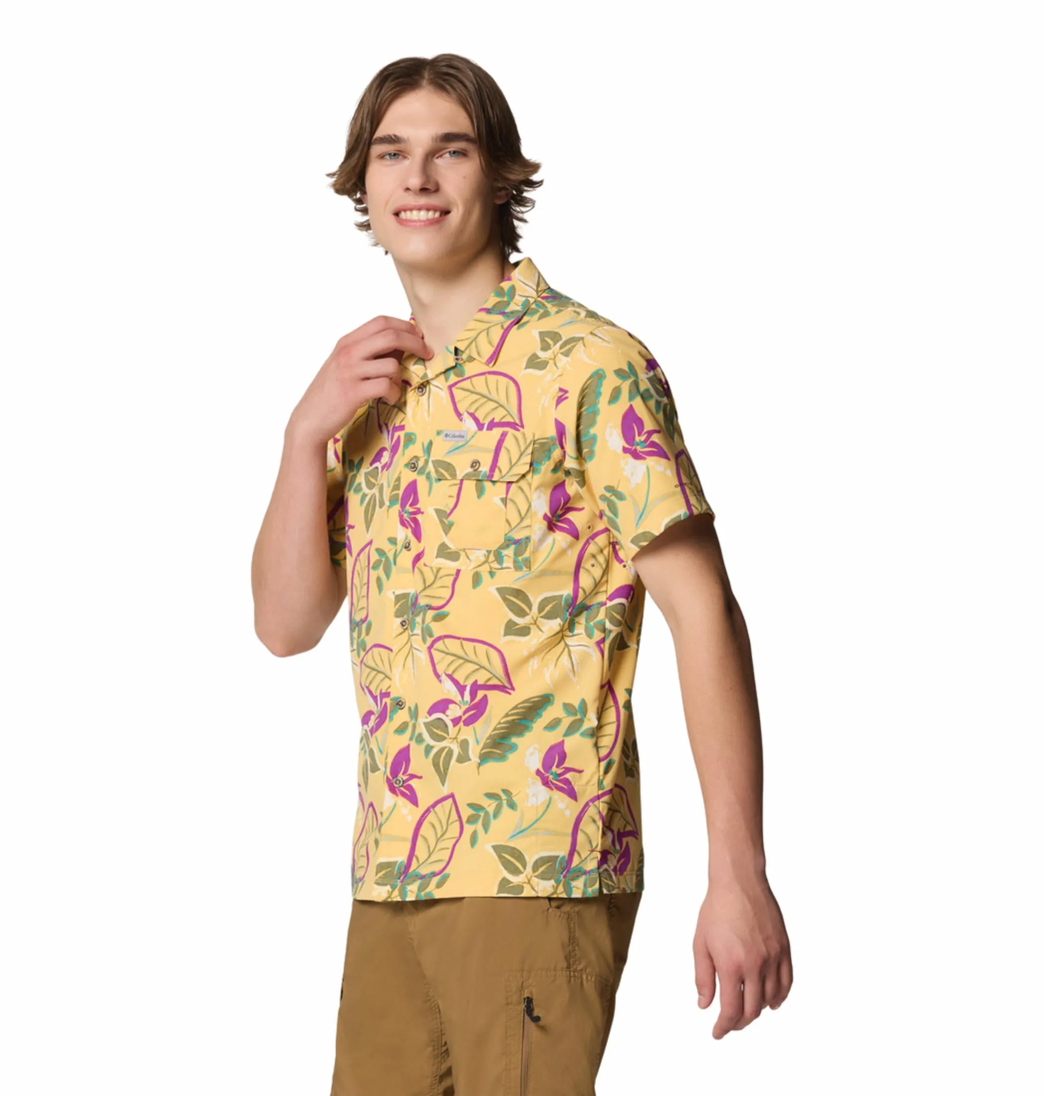 Columbia Men Yellow Tech Trail Utility Printed Woven SS (Sun Protection) Cozy Pajama Set American Ease