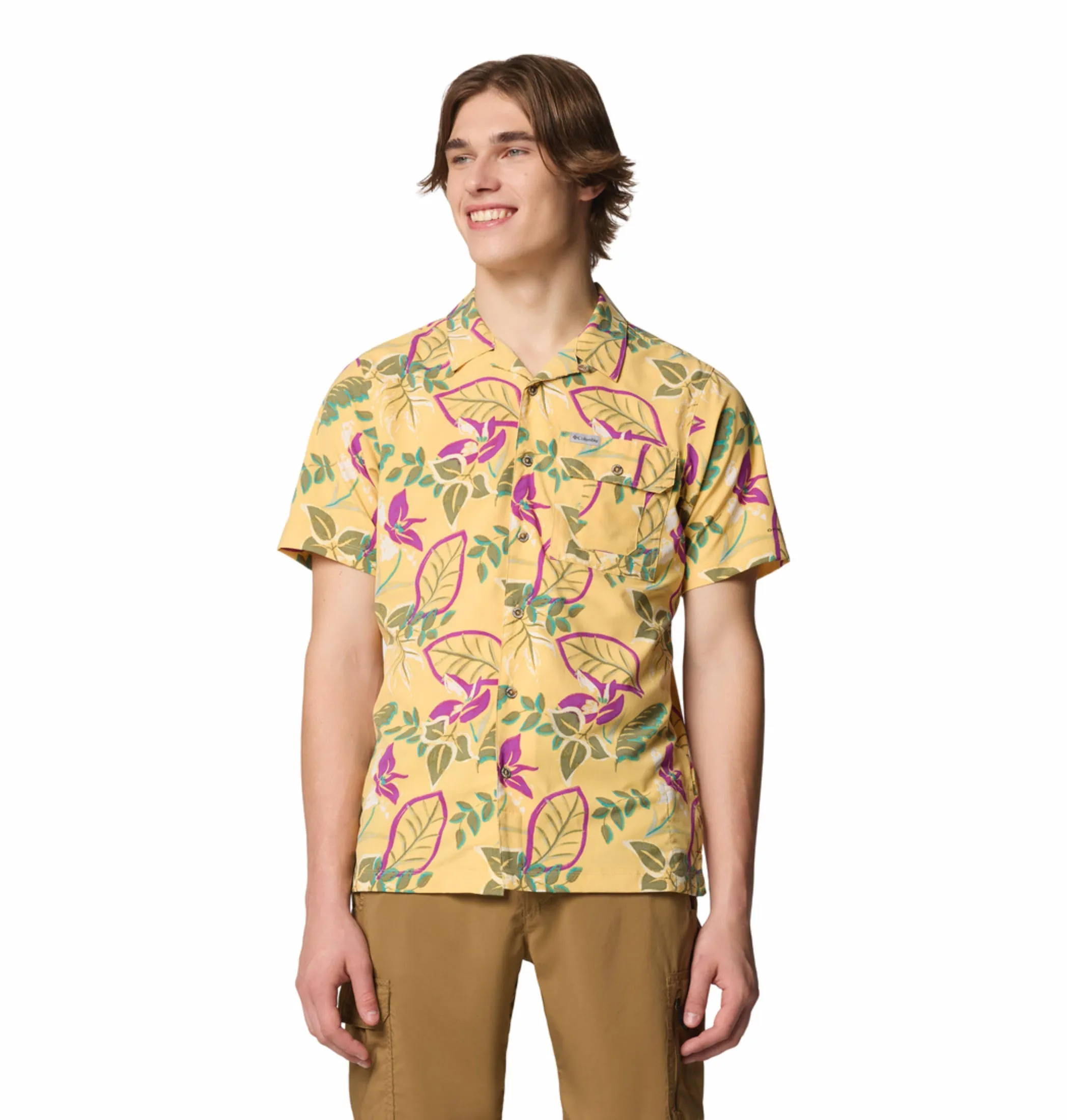 Columbia Men Yellow Tech Trail Utility Printed Woven SS (Sun Protection) Sequin Glow