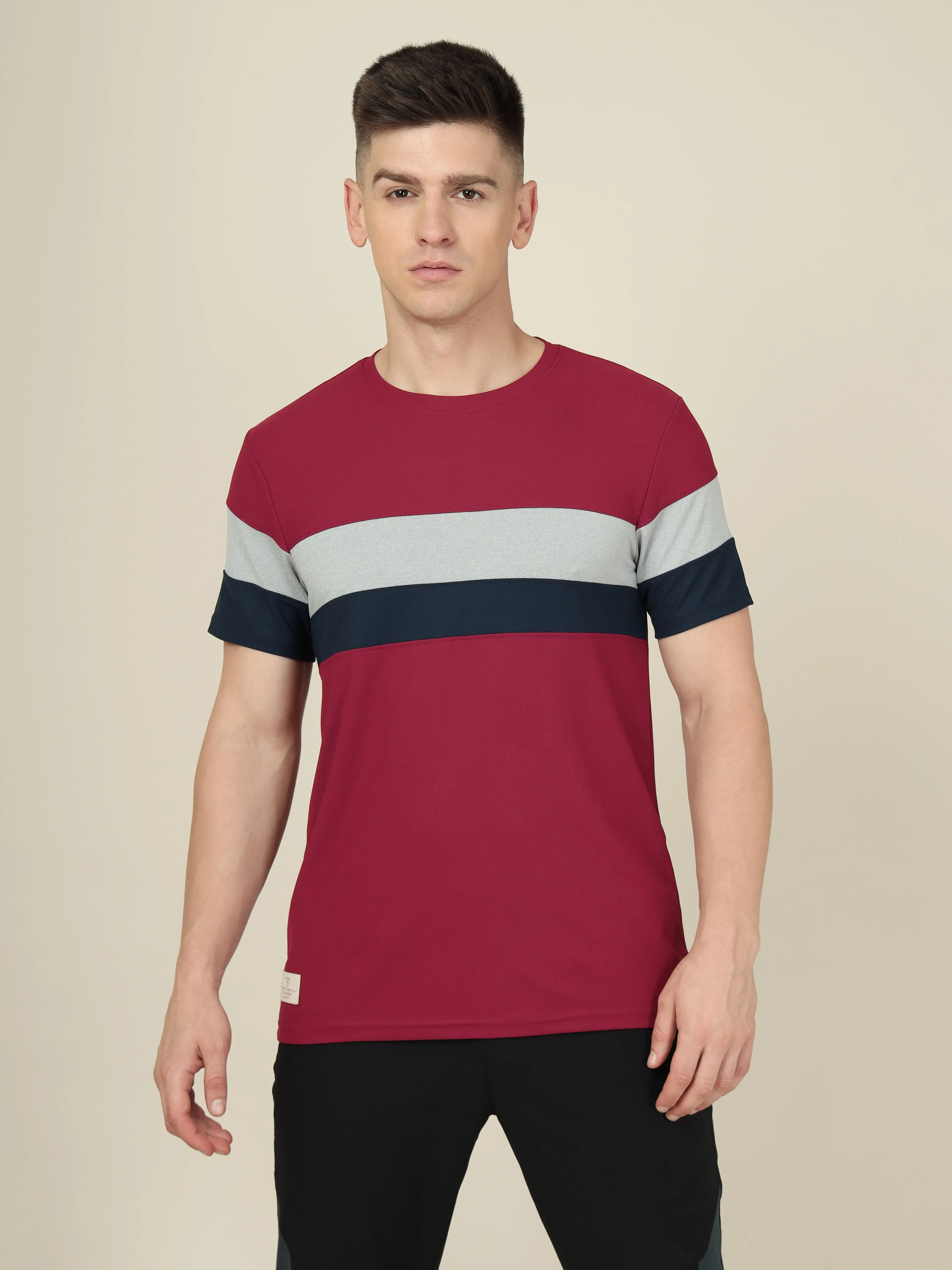Men Colorblock Slim Fit Crew Neck T-shirt with MATPIQ School spirit Easy Care Fabric