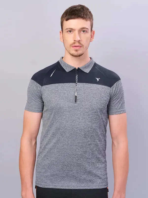Minimalistic Design Layered Collar Structure Men Melange Slim Fit Polo T-shirt with DOUBLE COOL