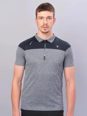Minimalistic Design Layered Collar Structure Men Melange Slim Fit Polo T-shirt with DOUBLE COOL
