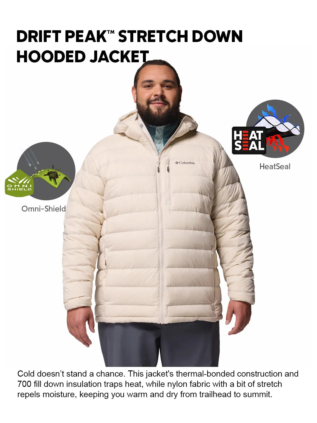 Schedule Columbia Men Beige HEAT SEAL Drift Peak Stretch Down Jacket