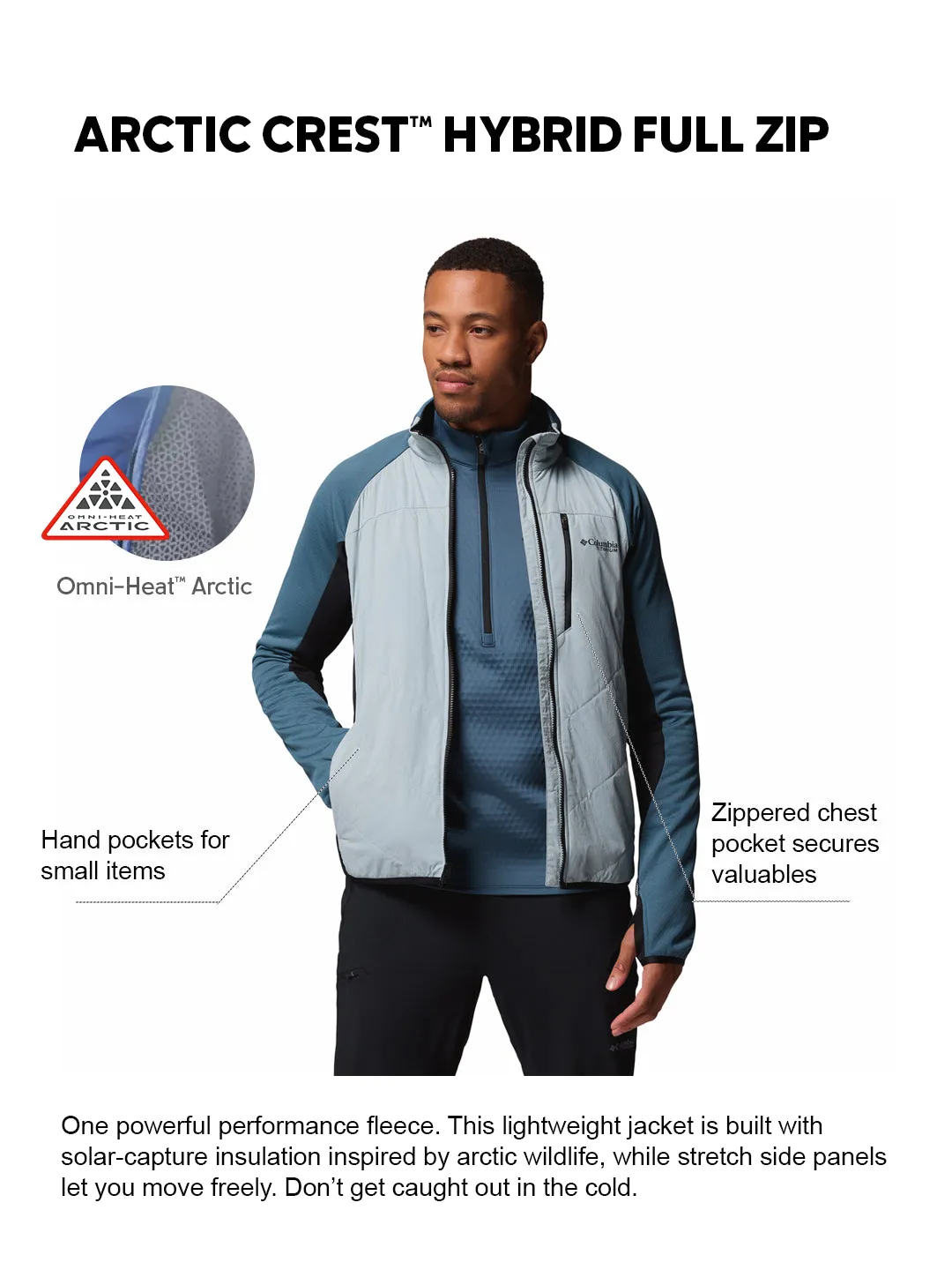 mountain gear Moisture control Columbia Men Blue OmniHeat Arctic Hybrid Fleece Jacket
