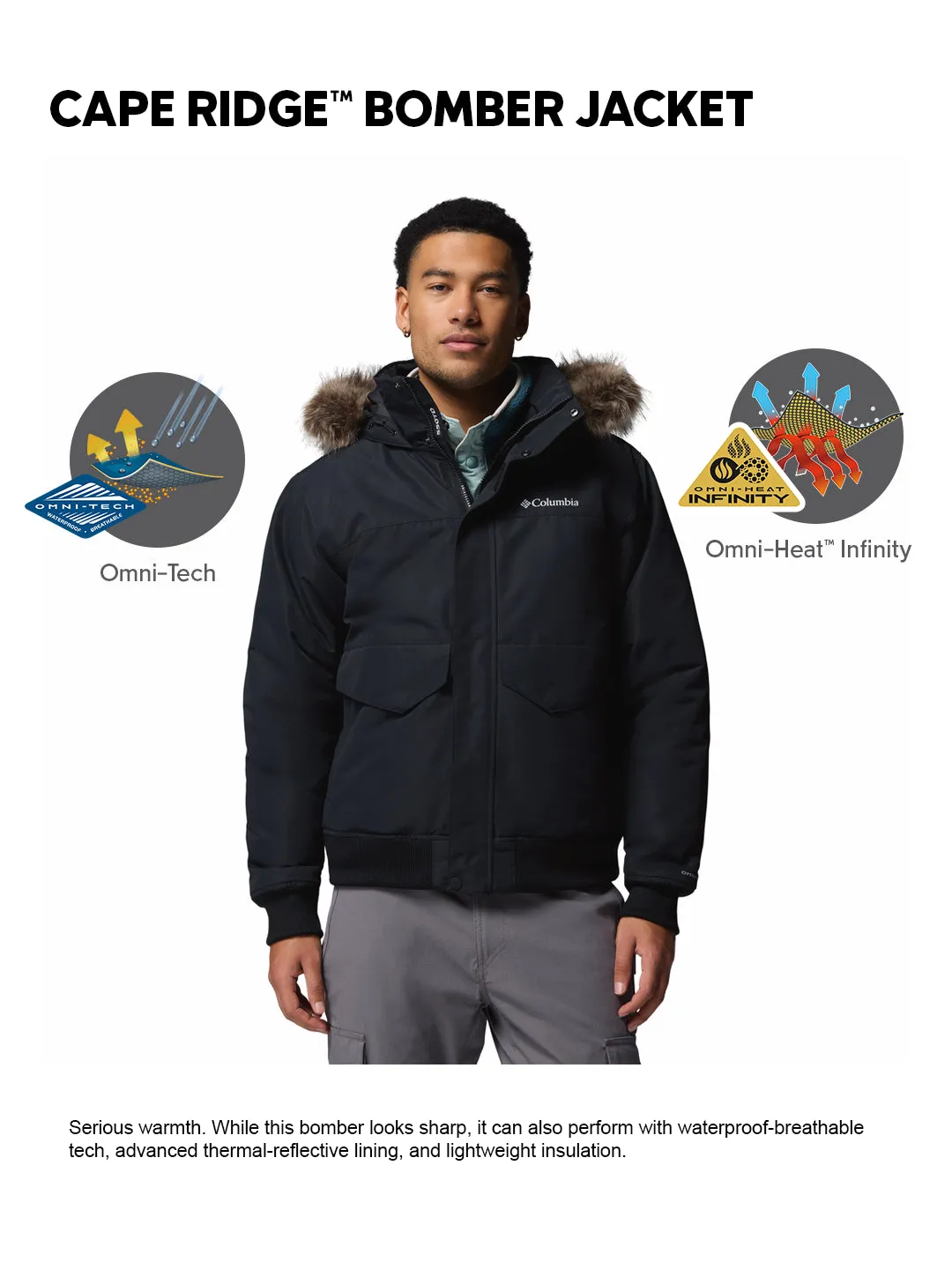 Lust Columbia Men Black OmniHeat Infinity Cape Ridge Bomber Down Jacket
