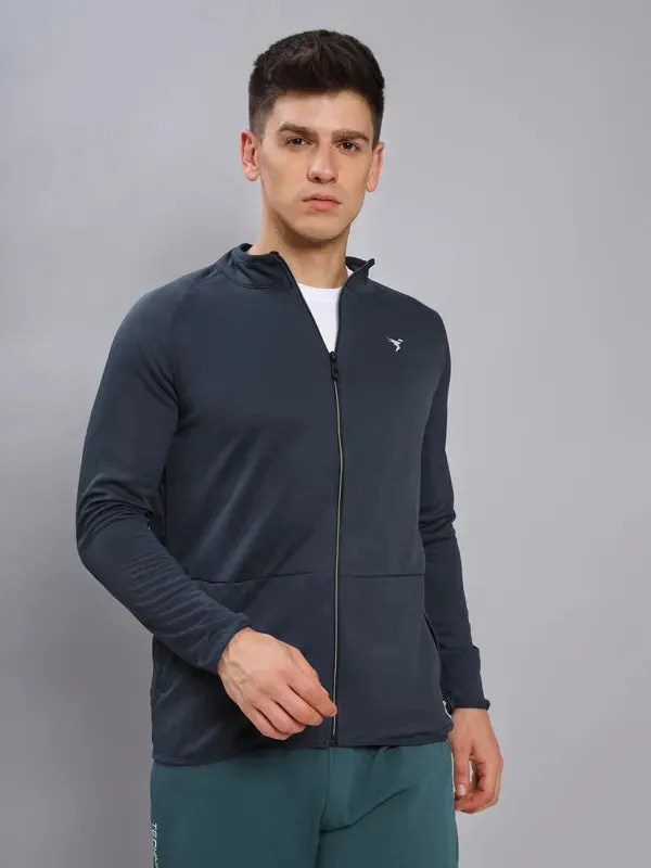 Men Solid Slim Fit Mock Neck Jacket with TECHNO DRY Nature Glow QuickReleaseFastenings