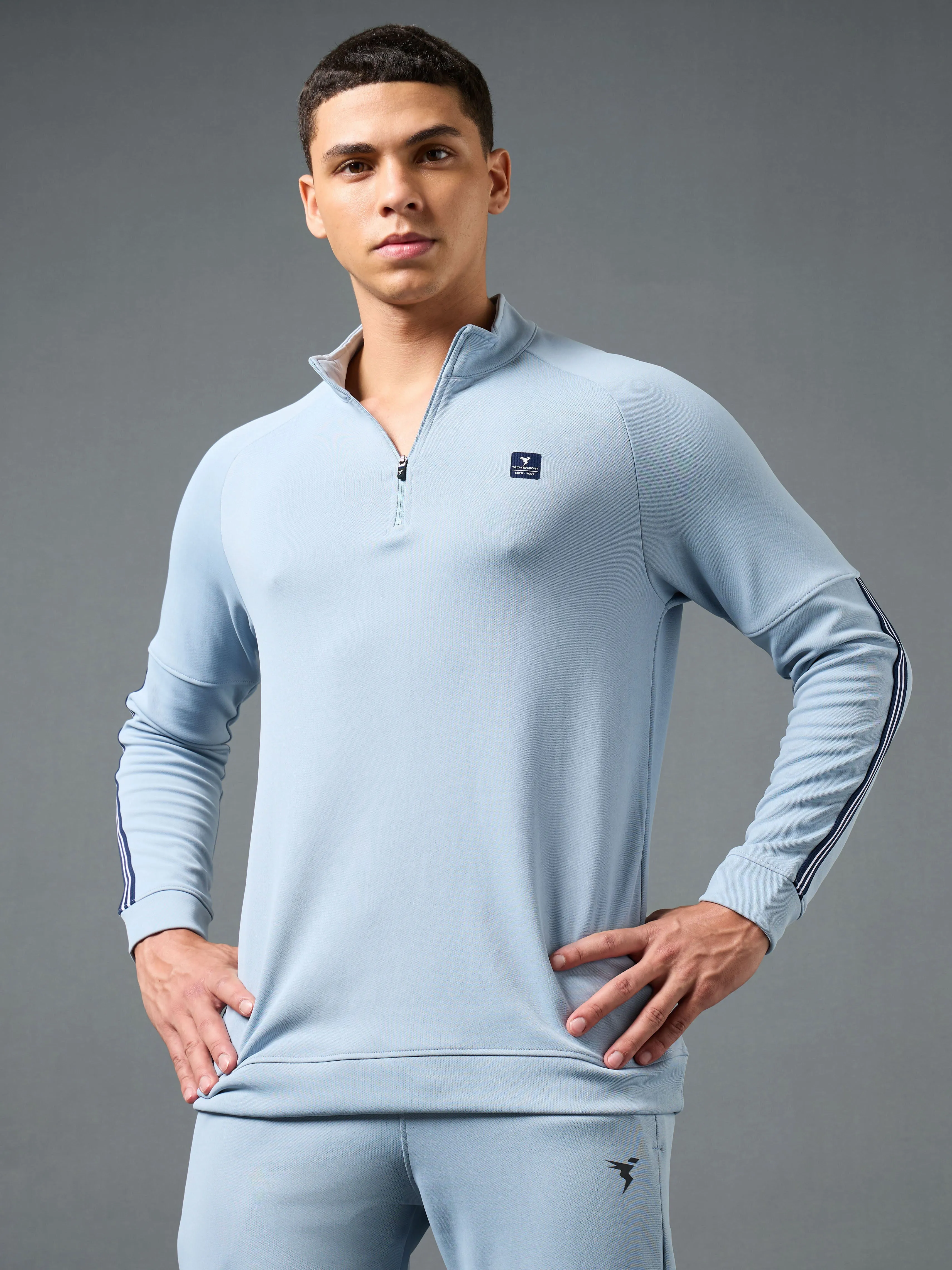 Men Solid Slim Fit Mock Neck Sweatshirt with ELASTO PLUS Satin