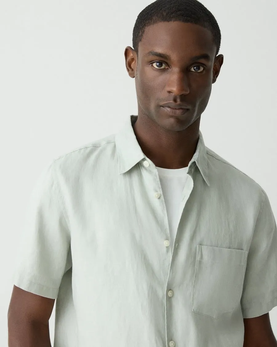 Theory Irving Short Sleeve Shirt in Relaxed Linen - Light Greenstone StaticFree Material