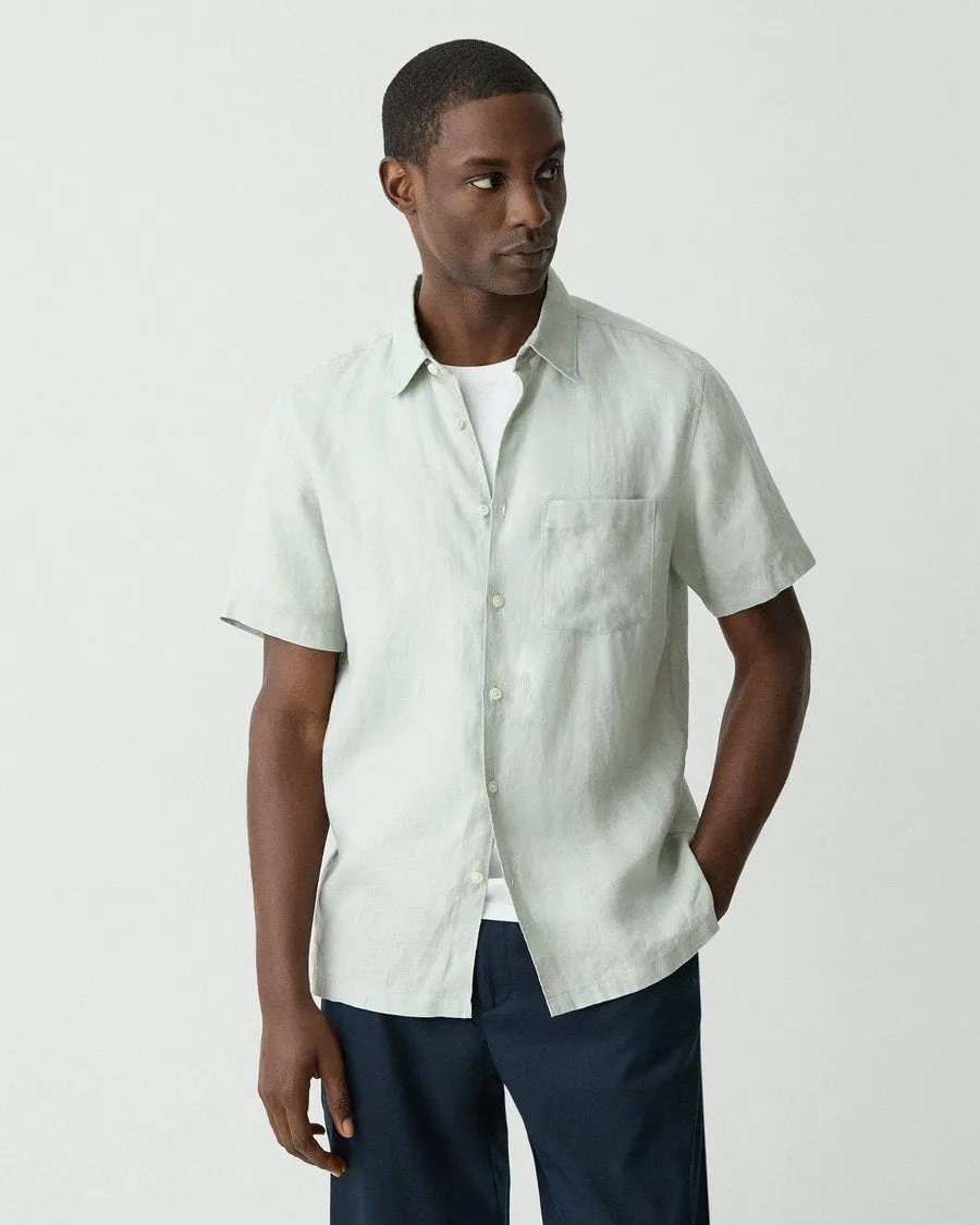 Metro Edge Glass Fit Theory Irving Short Sleeve Shirt in Relaxed Linen - Light Greenstone