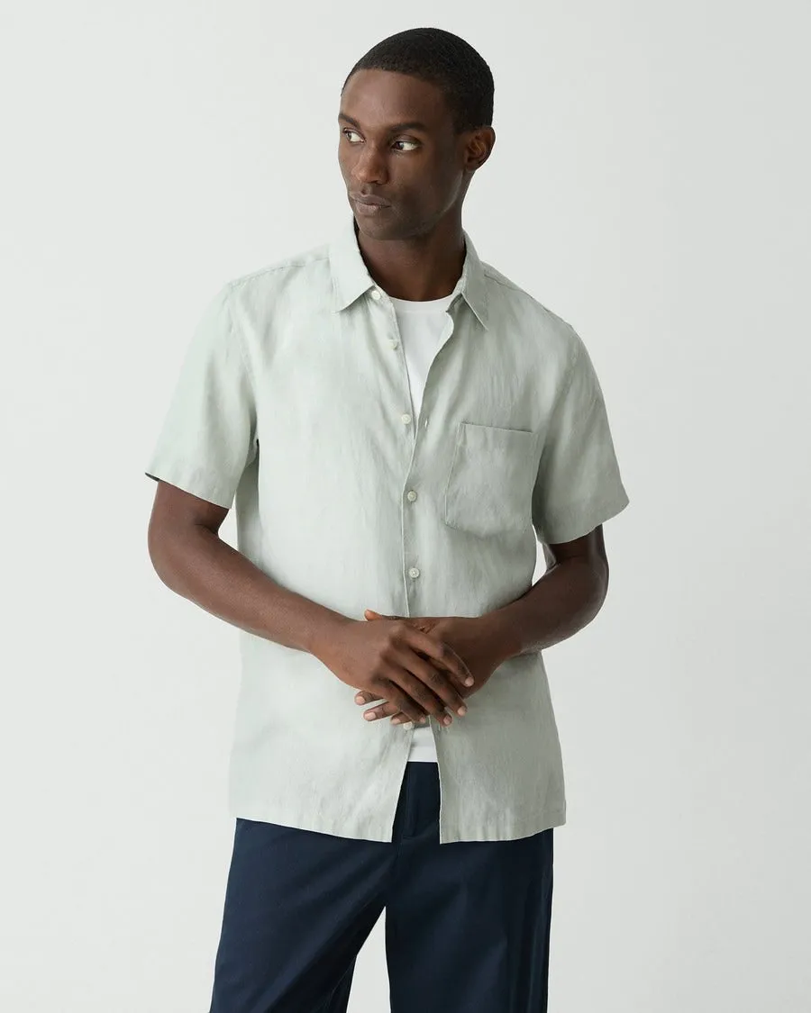 Quick Core Theory Irving Short Sleeve Shirt in Relaxed Linen - Light Greenstone