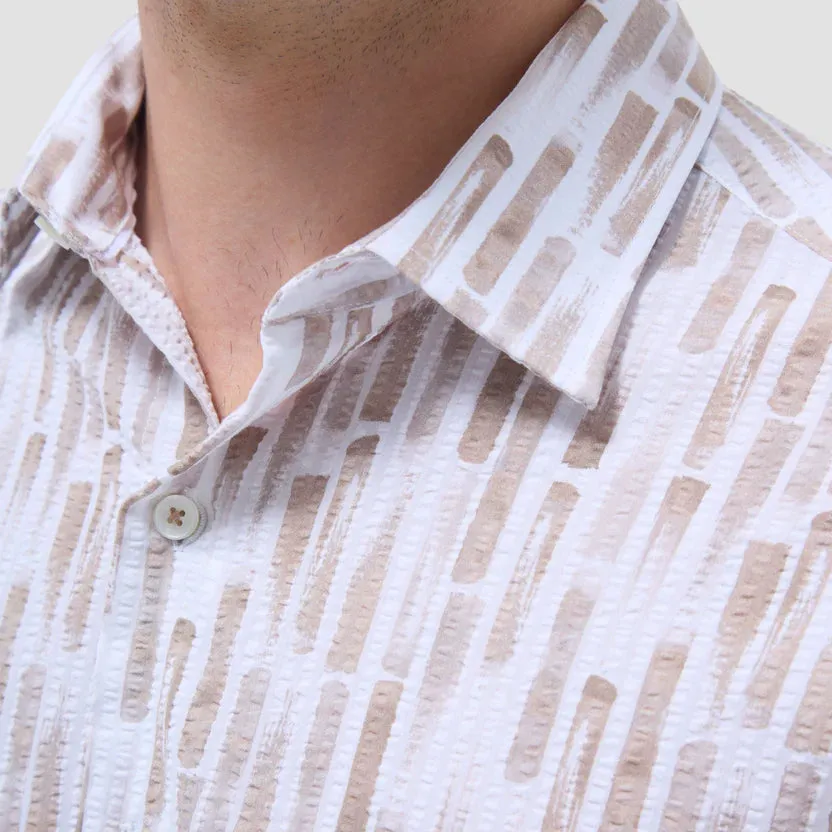 Bugatchi Orson Abstract Seersucker Short Sleeve Shirt - Camel CompactWeave Teacher Chic