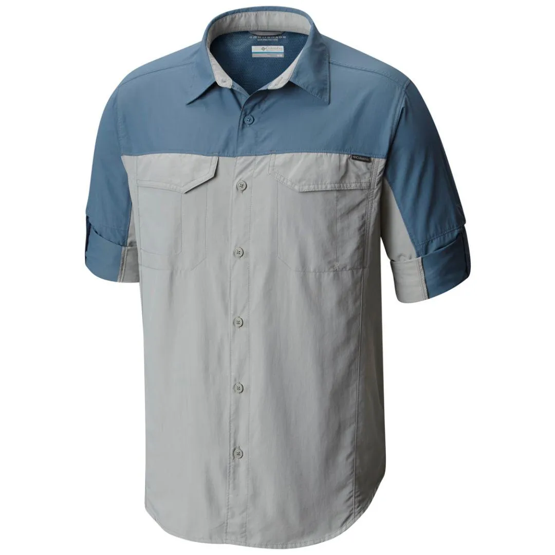 Columbia Men Grey Silver Ridge Blocked Long Sleeve Shirt (Sun Protection) NonSlip Grips FlexibleFit