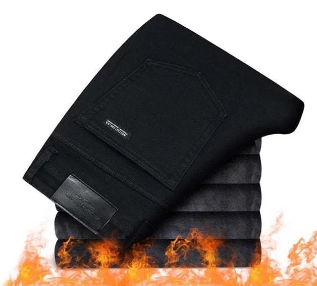 Men's Fashion Winter Jeans Black Color Slim Fit Stretch Thick Pants Strong Stitch