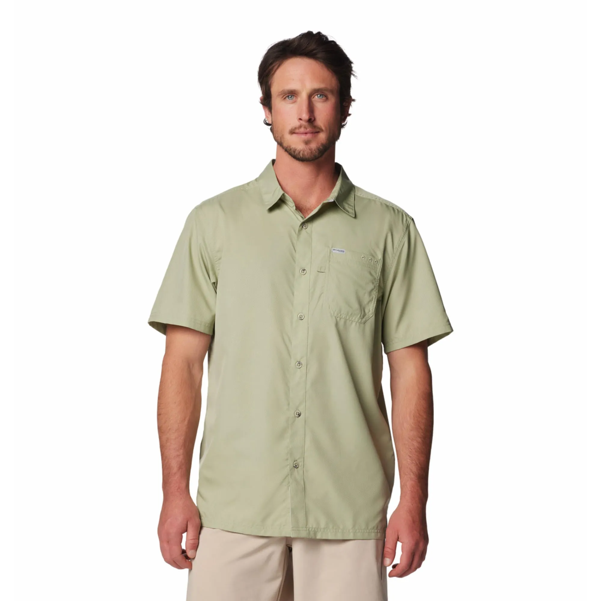 Columbia Men Green Slack Tide Camp Shirt (Sun Protection) Fashionable Look
