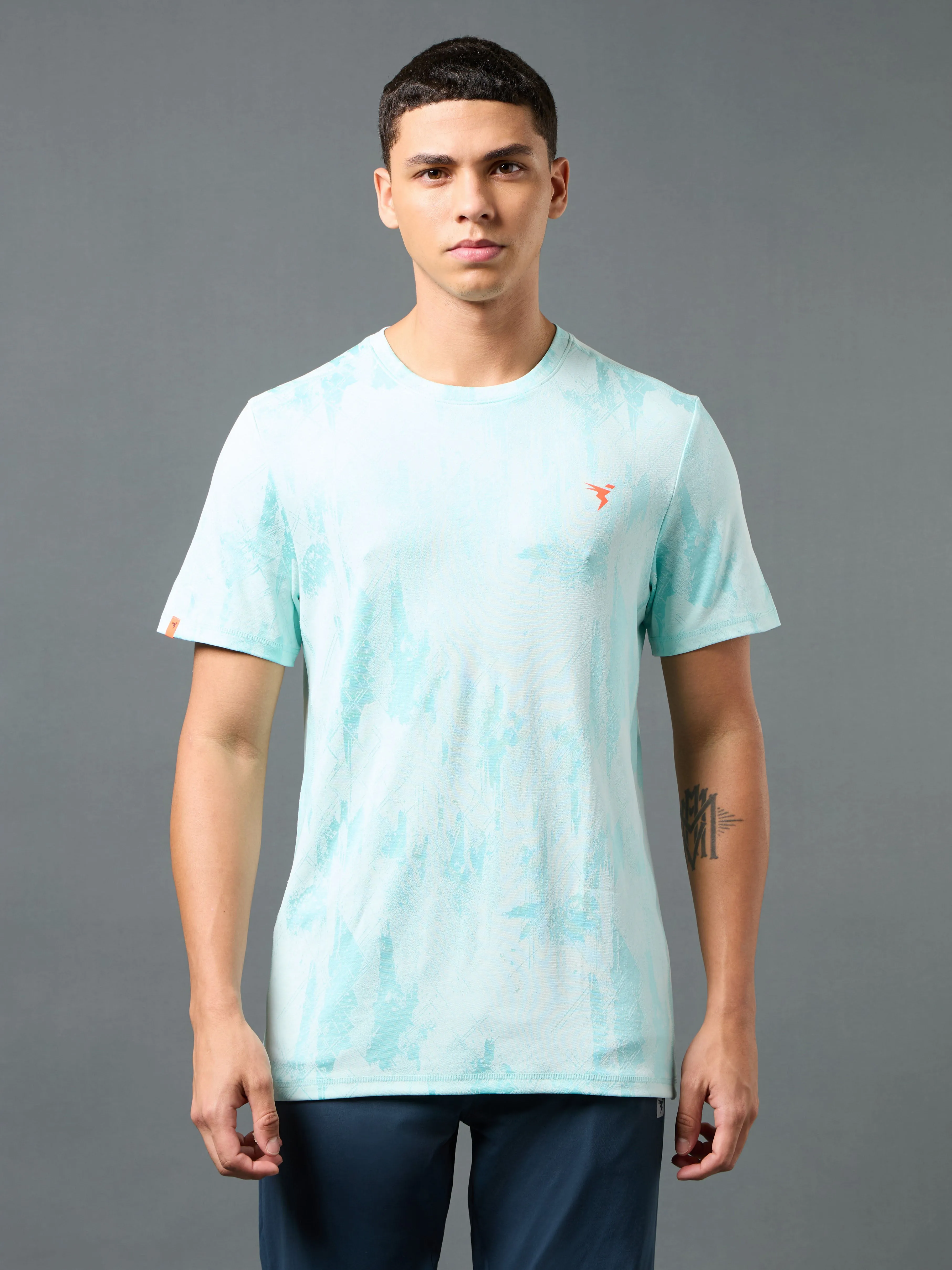 Classic and Comfy Abstract print Men Jacquard Slim Fit Crew Neck T-shirt with DOUBLE COOL