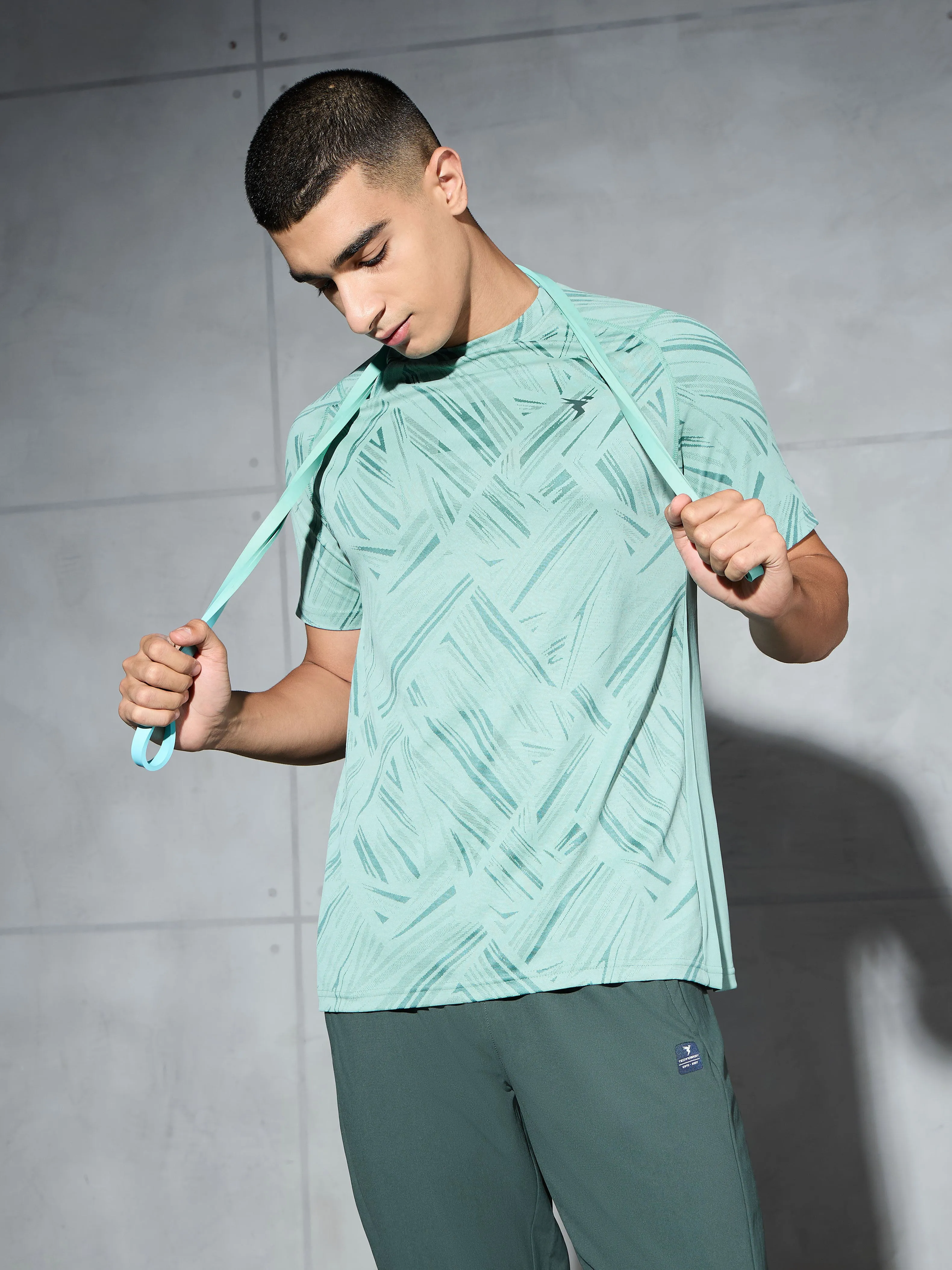 Bright and Bold Men Self Design Slim Fit Crew Neck T-shirt with DOUBLE COOL
