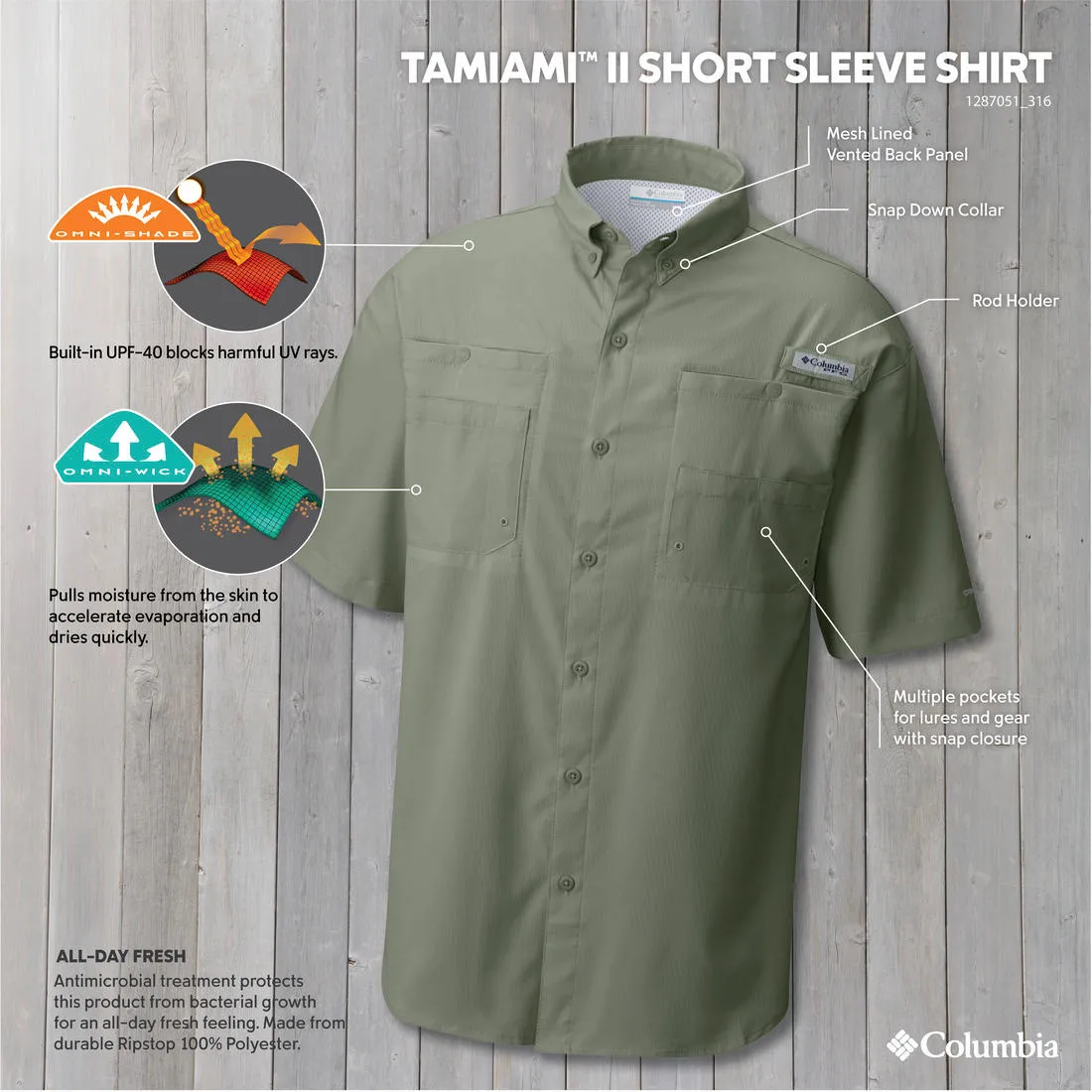 Columbia Men Green Tamiami II SS Shirt (Sun Protection) Washable fabric