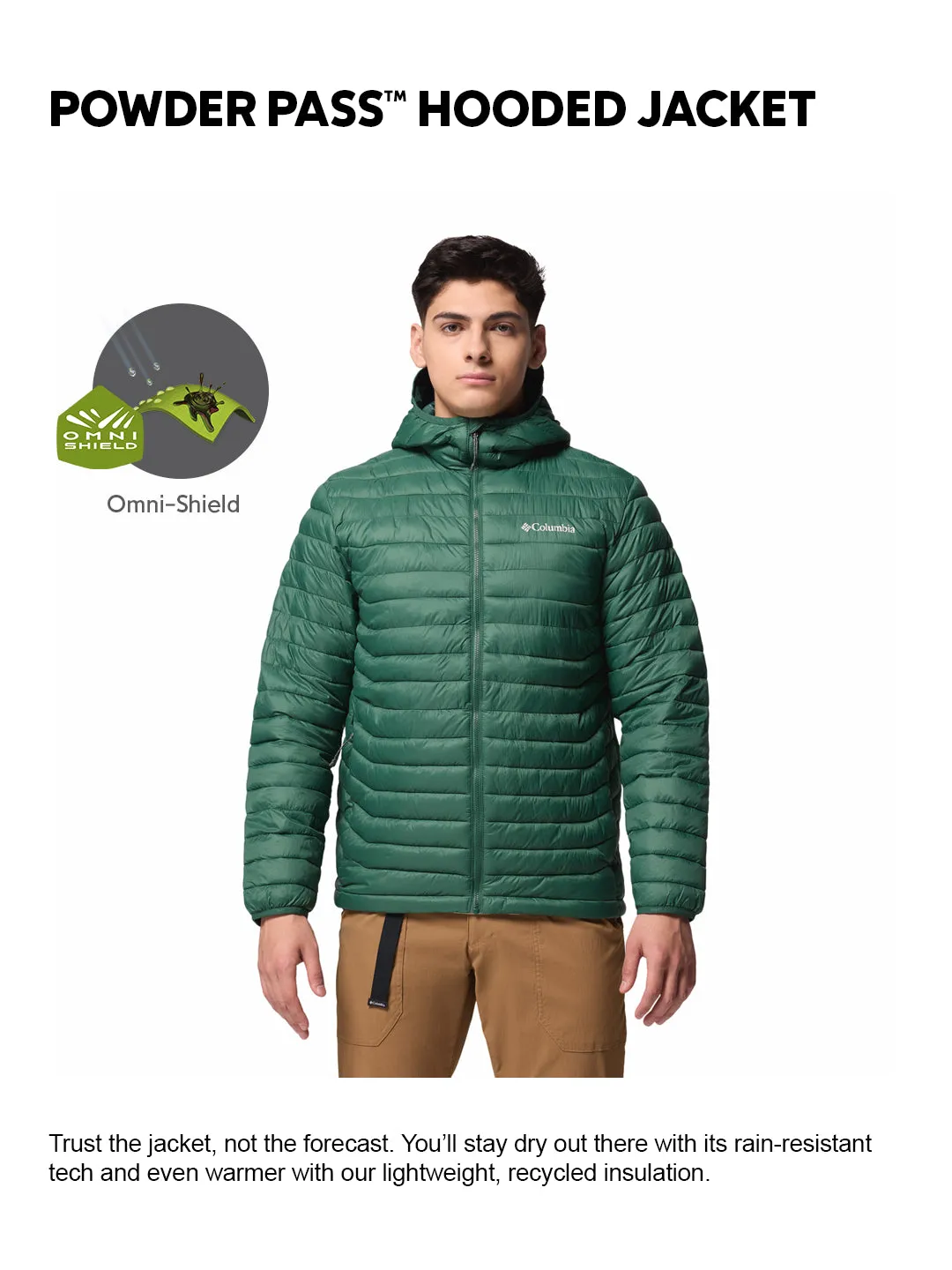 Cold Weather Level Columbia Men Green OmniShield Powder Pass Down Jacket