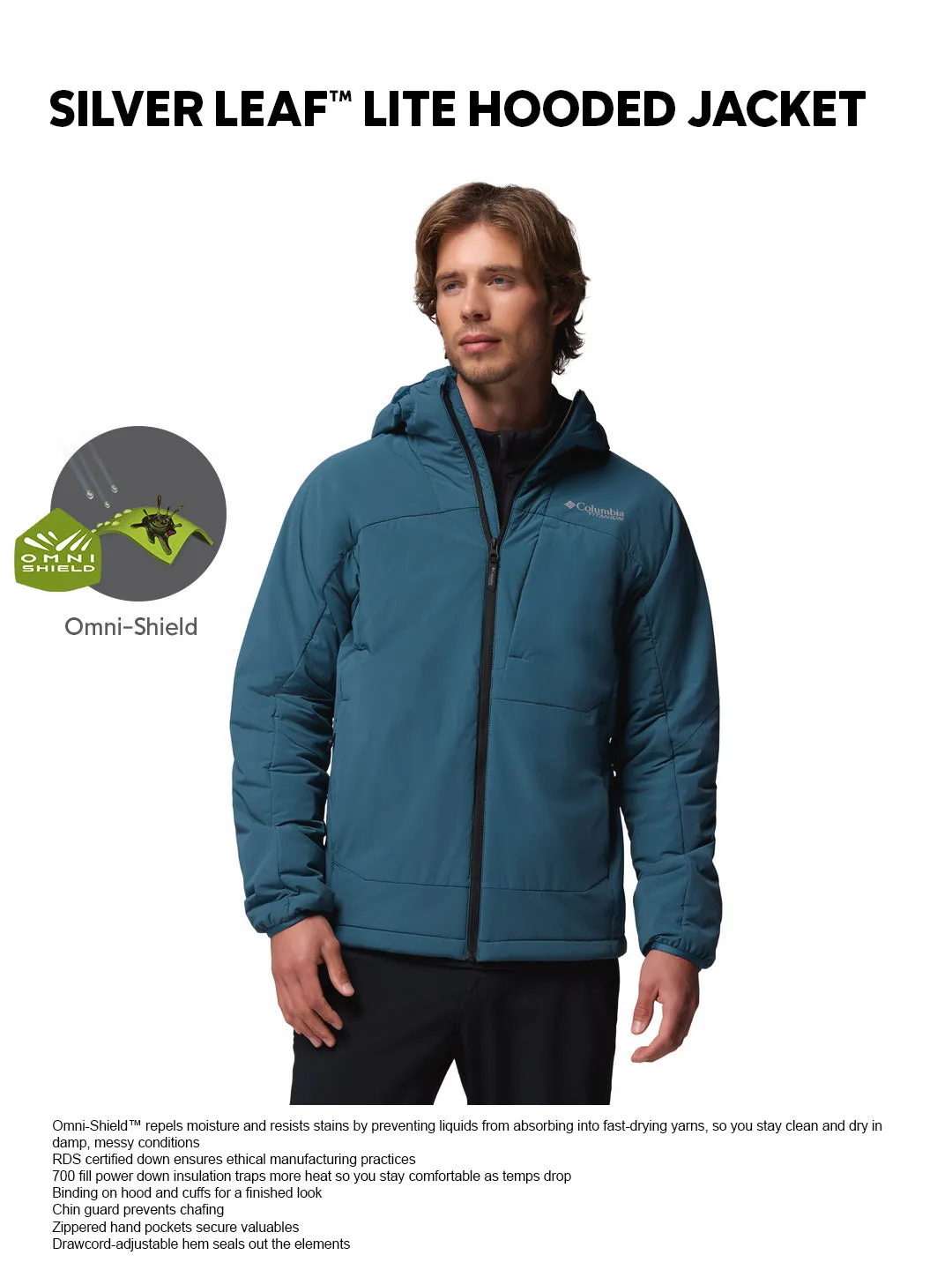 Columbia Men Teal OmniShield Silver Leaf Lite Down Jacket Taped Seams